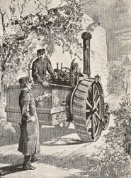 Two Italian military engineers on road locomotive, in their new uniforms, engraving from drawing by Quinto Cenni, from L