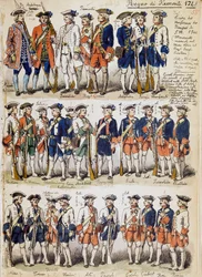 Uniforms of troops of Kingdom of Piedmont in 1744, plate taken from Cenni Codex, collection of military sketches drawn by Quinto Cenni