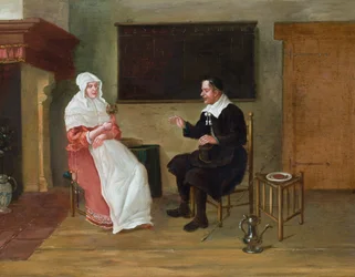 An interior with a seated man and woman