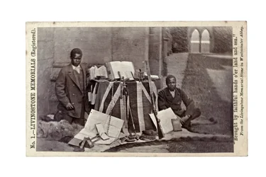 James Chuma and Abdullah Susi with David Livingstone artefacts, Newstead Abbey, England, June 1874