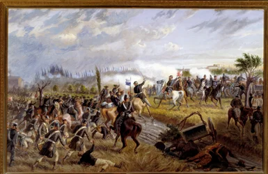 Risorgimento: The Battle of San Martino. Episode of the Battle of Solferino on 24th June 1859. Painting by Raffaele Pontremoli