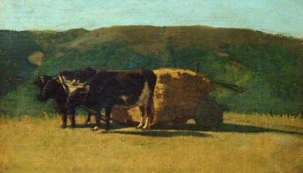 Black oxen pulling wagon by Raffaello Sernesi (1838-1866)