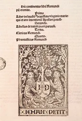 Page of the Codex "De Laudibus Beatissimae Virginis Mariae" by Ramon Llull, depicting two lions holding the coat of arms of the printer Jehan Petit