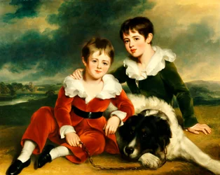 Portrait of Two Boys with their Newfoundland Dog