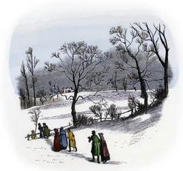 Everyday life, England: inhabitants of the countryside going to a Christmas celebration, held in a nearby farm, around 1800