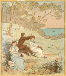 Two women and a man sitting in a clearing near the coast