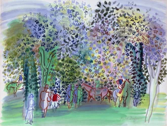 Horses and Jockeys under the Trees