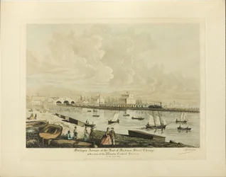 Michigan Avenue at the Foot of Madison Street, Chicago, with a view of the Illinois Central Station in the Year 1864