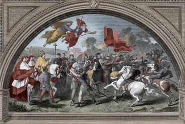 Representation of Pope Leo I, called the Great (390-461), facing the leader of the Huns, Attila (ca. 395-453), in 452 in Mantua - Barbarian Invasions - Pope Leo I the Great meeting the Hun king Attila in 452 (after Raphael)