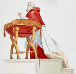 Portrait of Pope Julius II in prayer. Engraving after a painting by Raphael
