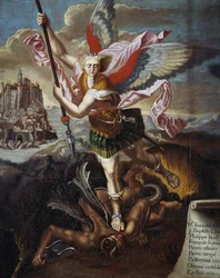 St Michael and the Devil, by Raphael Sanzio, ex-votive of six pilgrims on pilgrimage to Mont Saint-Michel