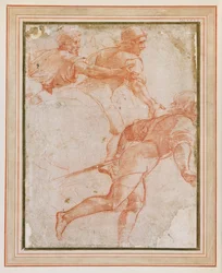 A Soldier Running to the Right and Two Mounted Horsemen with Their Arms Outstretched