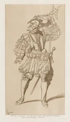 Swiss soldier in la garde des rois de France. Second half of the 16th century. After an unpublished verriere.