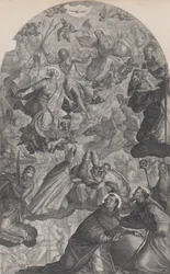 The vision of Saint Dominic, with God the Father and Christ at top center, the Virgin standing, 1607