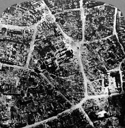 Aerial view of the ruins of the town and basilica of Albert, France, World War I