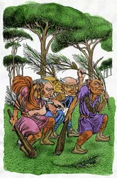 Fables: A Group of Trolls Performing a Ritual Dance in the Forest Shaking Pine Branches, Illustration by Reginald L. Knowles for the Norwegian Fables Collection "Norse Fairy Tales" by P.C. Asbjornsen and J.I. Moe