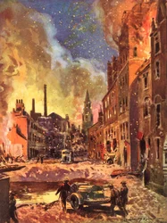 Firemen of the wartime British National Fire Service inspecting a large bomb crater during the Blitz, World War II