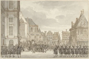 Arrival of Prince William V and Frederica Sophia Wilhelmina of Prussia at the Town Hall on the Dam in Amsterdam, May 30, 1768