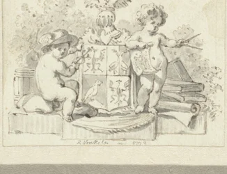 Two Putti with Compass and Aesculapius, by the Family Crest of Schoemaker