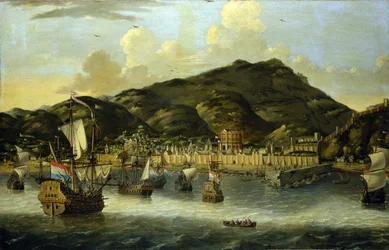 Dutch ships off the coast of Tripoli, with the fortified walls of the port and the city