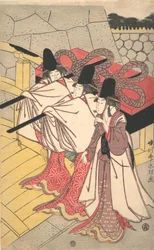 Prince Genji Returning to His Palace where His Wife Awaits Him