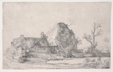Cottage and Farm Buildings with a Man Sketching