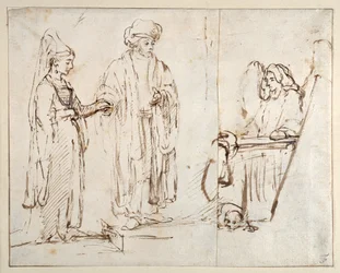 Laban Brings Leah to Jacob, with Jacob Overlaid by a Fragment of Another Drawing; an Angel with a Dog Lying at His Feet