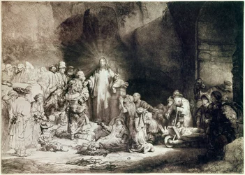 The piece with a hundred guilders or Jesus healing the sick. Engraving by Rembrandt (1649)
