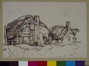 Two thatched cottages with figures at the window