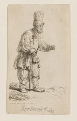 A Peasant in a High Cap, Standing and Leaning on a Stick