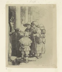 Begging Family Receiving Alms at the Door of a House