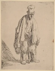Beggar in a High Cap, Standing and Leaning on a Stick