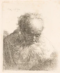 Bust of an old man with flowing beard: the head bowed forward: left shoulder unshaded