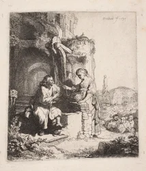 Christ and the Samaritan Woman among Ruins (vertical engraving)