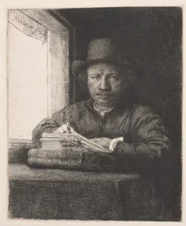 Rembrandt drawing at a window