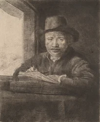 Self-Portrait Drawing at a Window