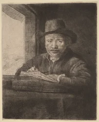 Self-Portrait Etching at a Window