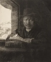 Self-Portrait Etching at a Window