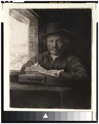 Self-portrait, Etching at a Window