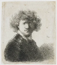 Self-portrait with curly hair and white collar: bust