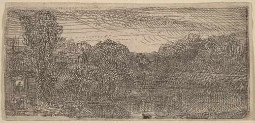 Small Gray Landscape: A House and Trees Beside a Pool