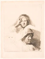 Three Heads of Women, One Lightly Etched