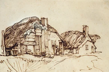 Two Thatched Cottages with Figures at the Window