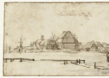 Winter View with a Waterway, Cottages and Two Boats
