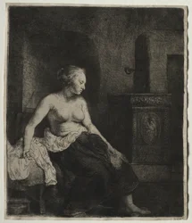 Woman Sitting Half Dressed Beside a Stove