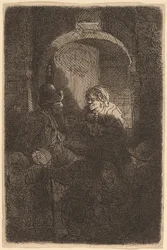 Woman at a Door Hatch Talking to a Man and Children