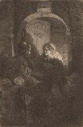 Woman at a Door Hatch Talking to a Man and Children The Schoolmaster