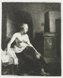 Woman Sitting Half Dressed Beside a Stove