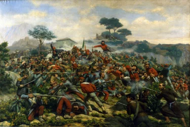 Risorgimento: the battle of Calatafimi in Sicily between the troops of Giuseppe Garibaldi (1807-1882), the Thousand and the army of the Kingdom of the two Sicilies