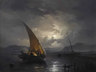 A Night Landscape with a Sailboat where a Fire is Being Lit